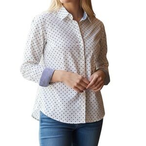 Chaps No Iron Button Up Shirt Size LNavy Polka Dot Gingham Flip Cuffs Office